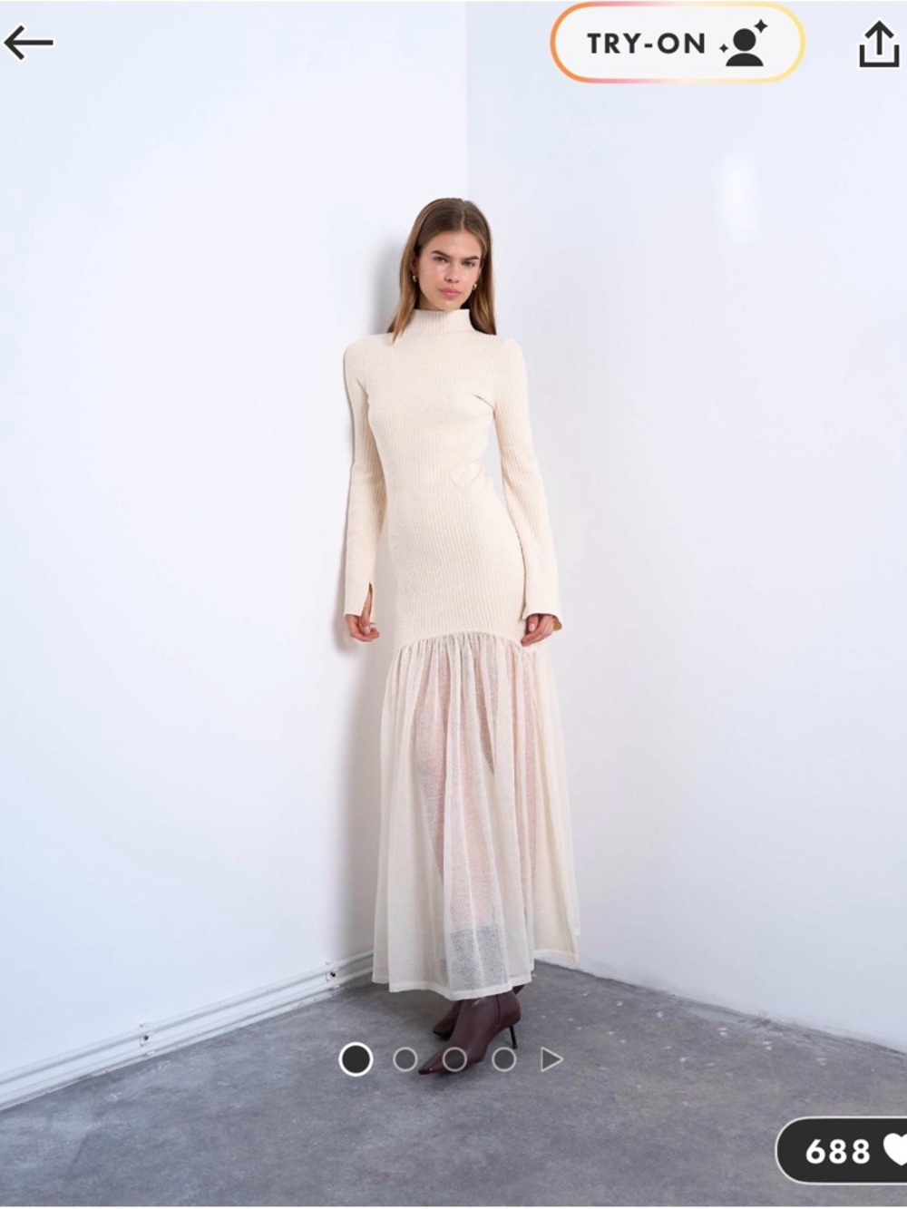 Topshop Cream Long-Sleeve Ribbed Maxi Dress with Sheer Skirt